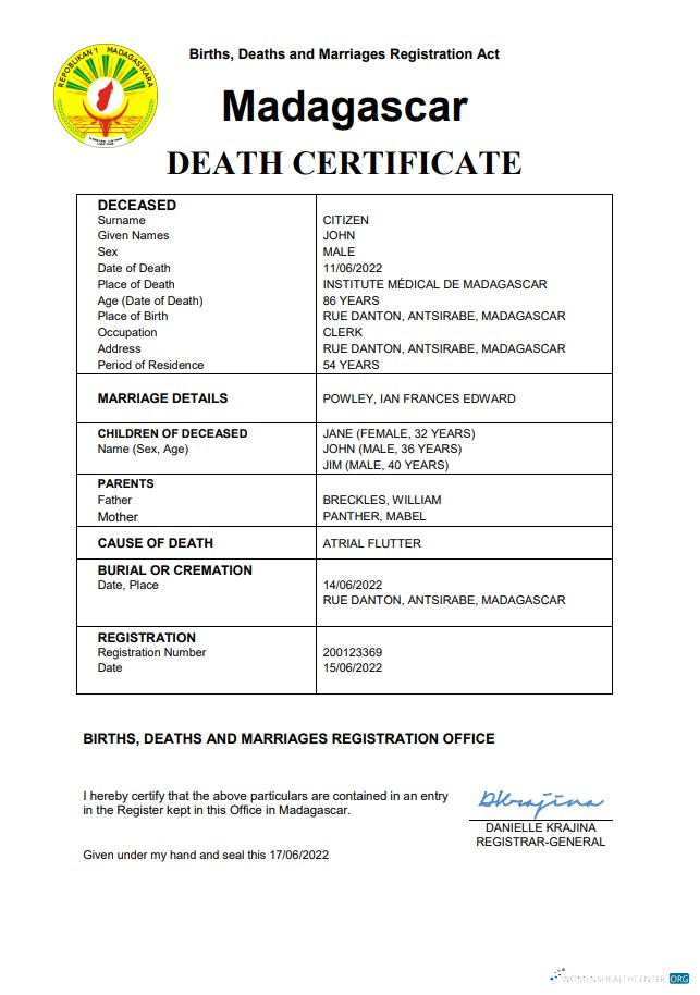 Download Madagascar vital record death certificate Word and PDF template Photoshop template